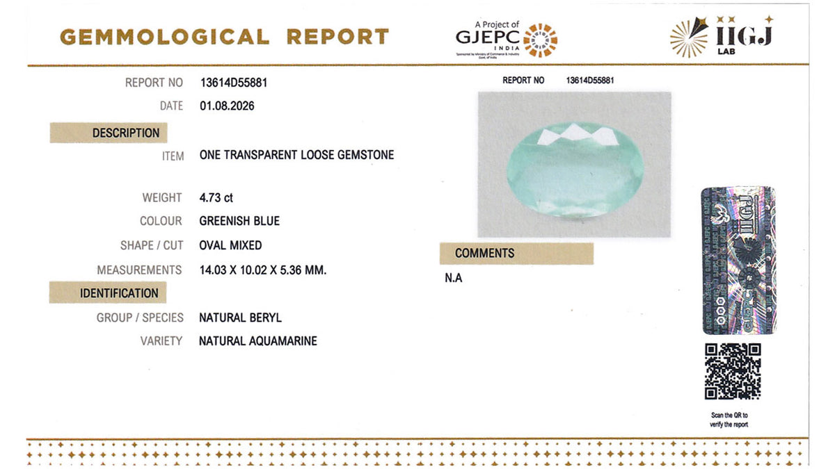 Buy IIGJ Certified 4.73 Carat Aquamarine with lifetime guarantee