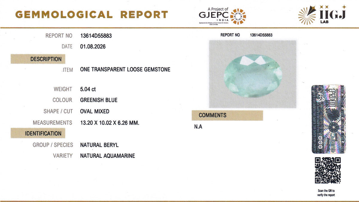 Buy IIGJ Certified 5.04 Carat Aquamarine with lifetime guarantee