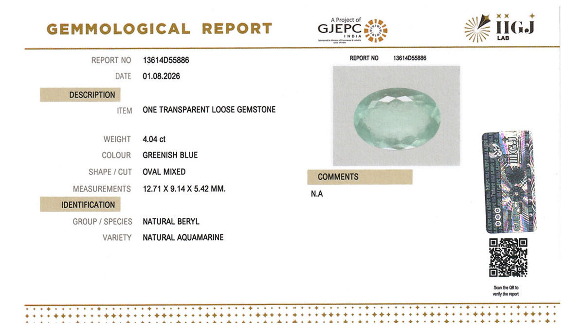 Buy IIGJ Certified 4.04 Carat Aquamarine with lifetime guarantee