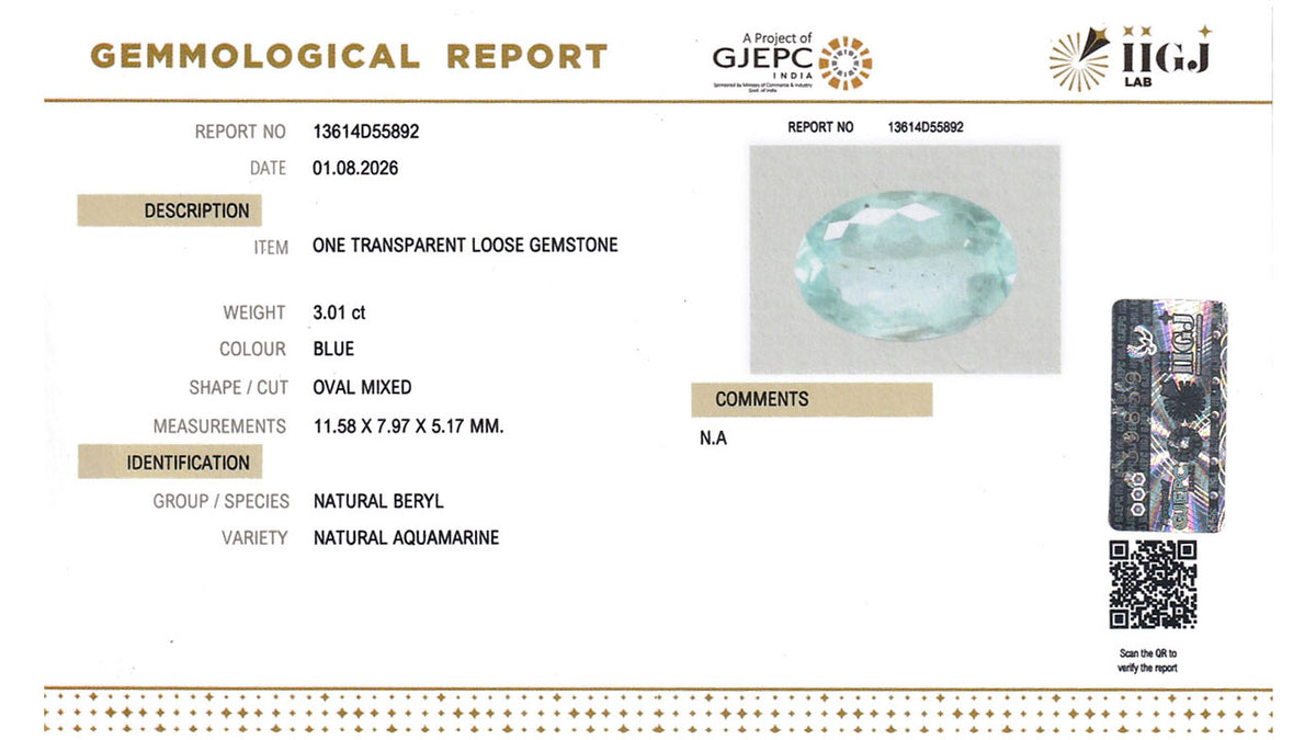 Buy IIGJ Certified 3.01 Carat Aquamarine with lifetime guarantee