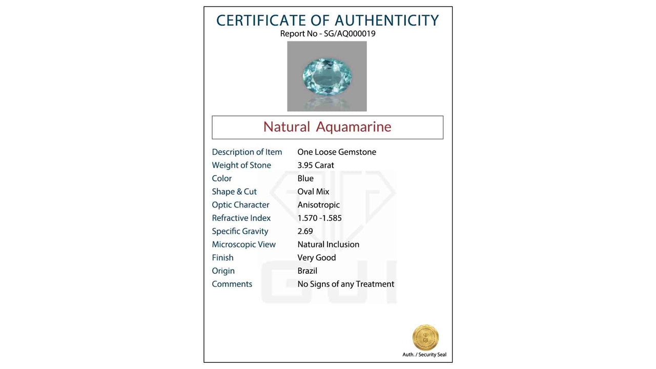 Buy GJI Certified 3.95 Carat Aquamarine with lifetime guarantee