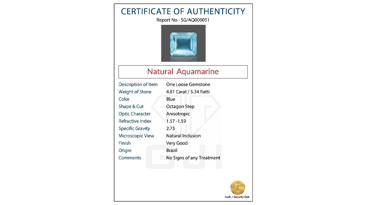 Buy GJI Certified 4.81 Carat Aquamarine with lifetime guarantee