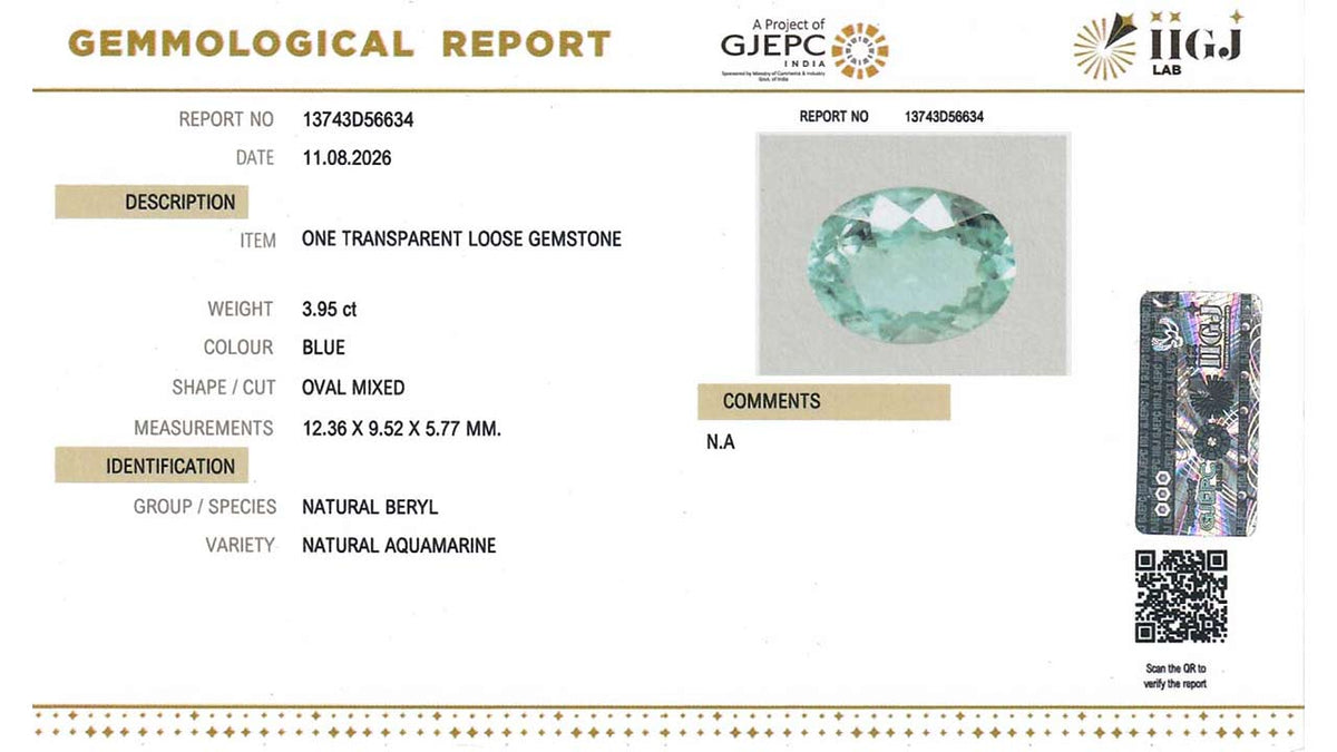 Buy IIGJ Certified 3.95 Carat Aquamarine with lifetime guarantee