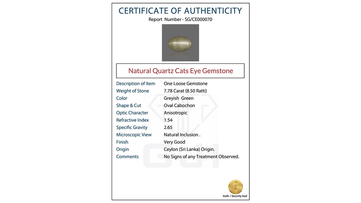 Buy GJI Certified 7.78 Carat Cats Eye with lifetime guarantee