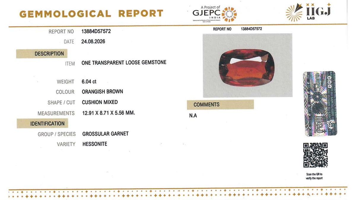 Buy IIGJ Certified 6.04 Carat Hessonite with lifetime guarantee