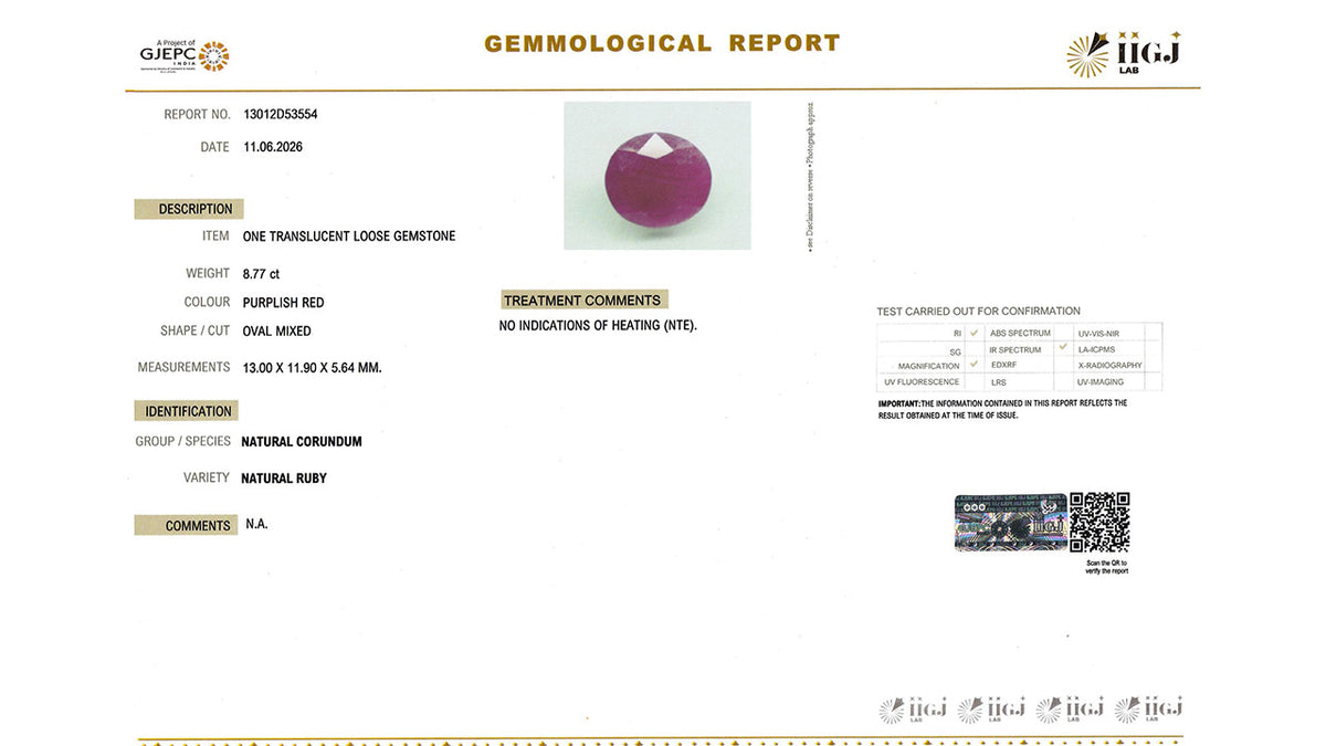Buy IIGJ Certified 8.77 Carat Ruby with lifetime guarantee