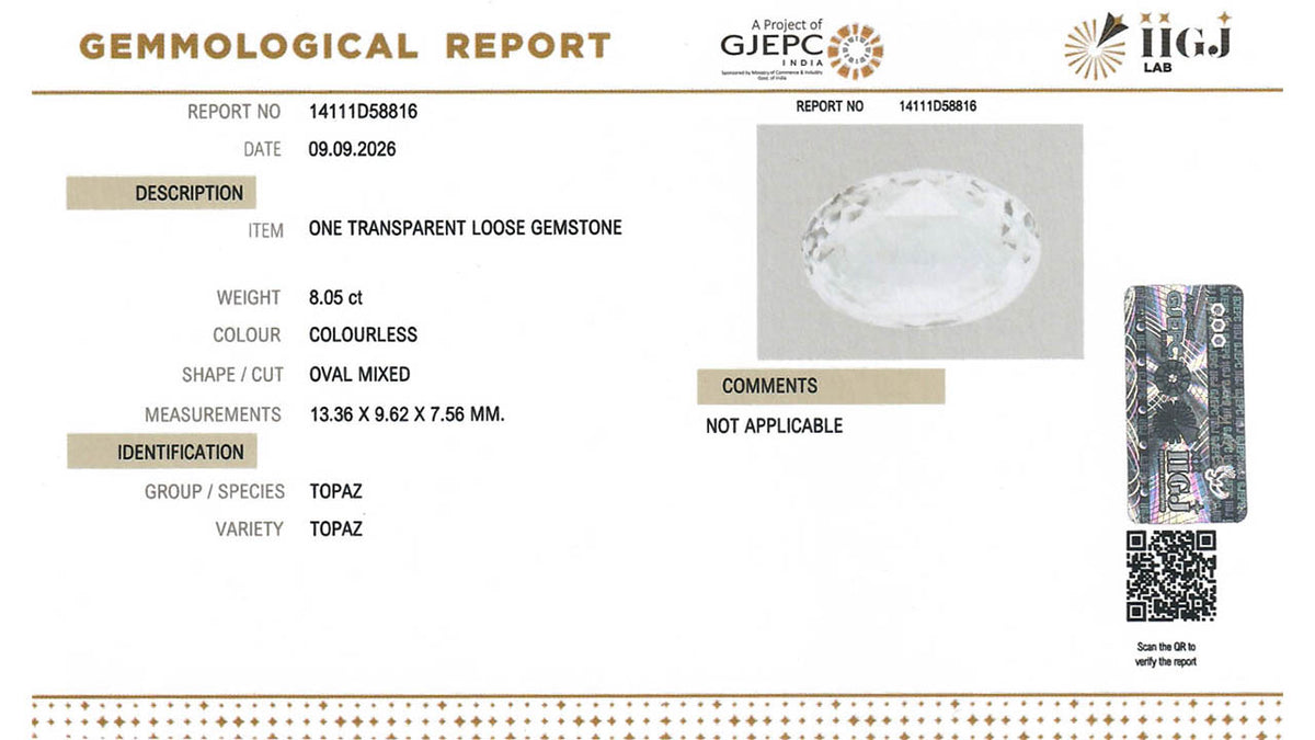Buy IIGJ Certified 8.05 Carat Topaz with lifetime guarantee