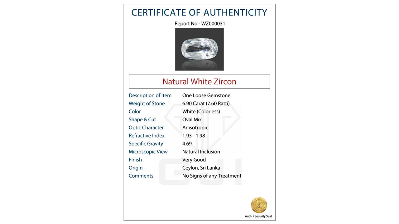 Buy GJI Certified 6.90 Carat White Zircon with lifetime guarantee