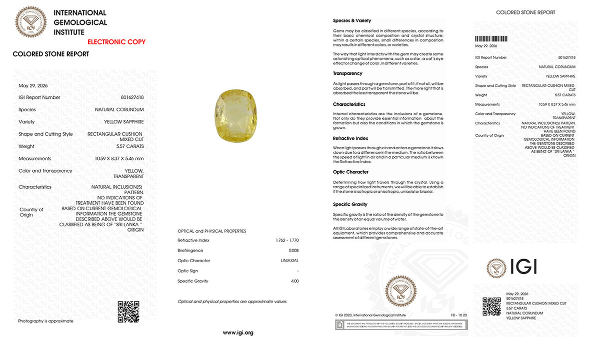 Buy IGI Certified 5.57 Carat Yellow Sapphire with lifetime guarantee