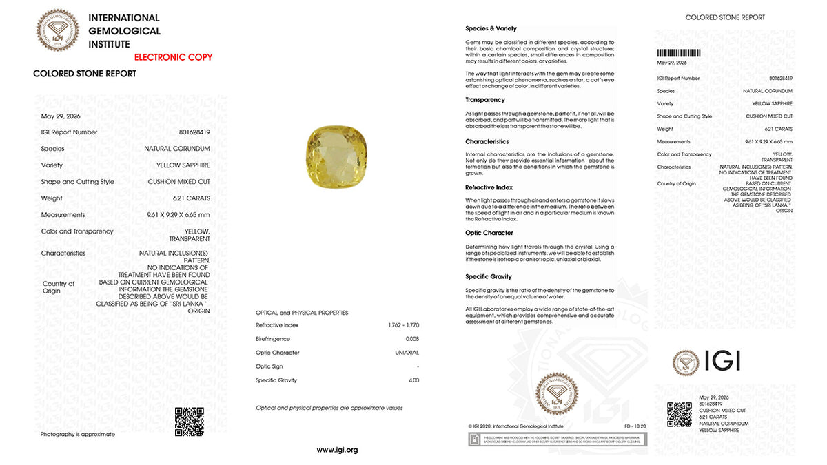 Buy IGI Certified 6.21 Carat Yellow Sapphire with lifetime guarantee
