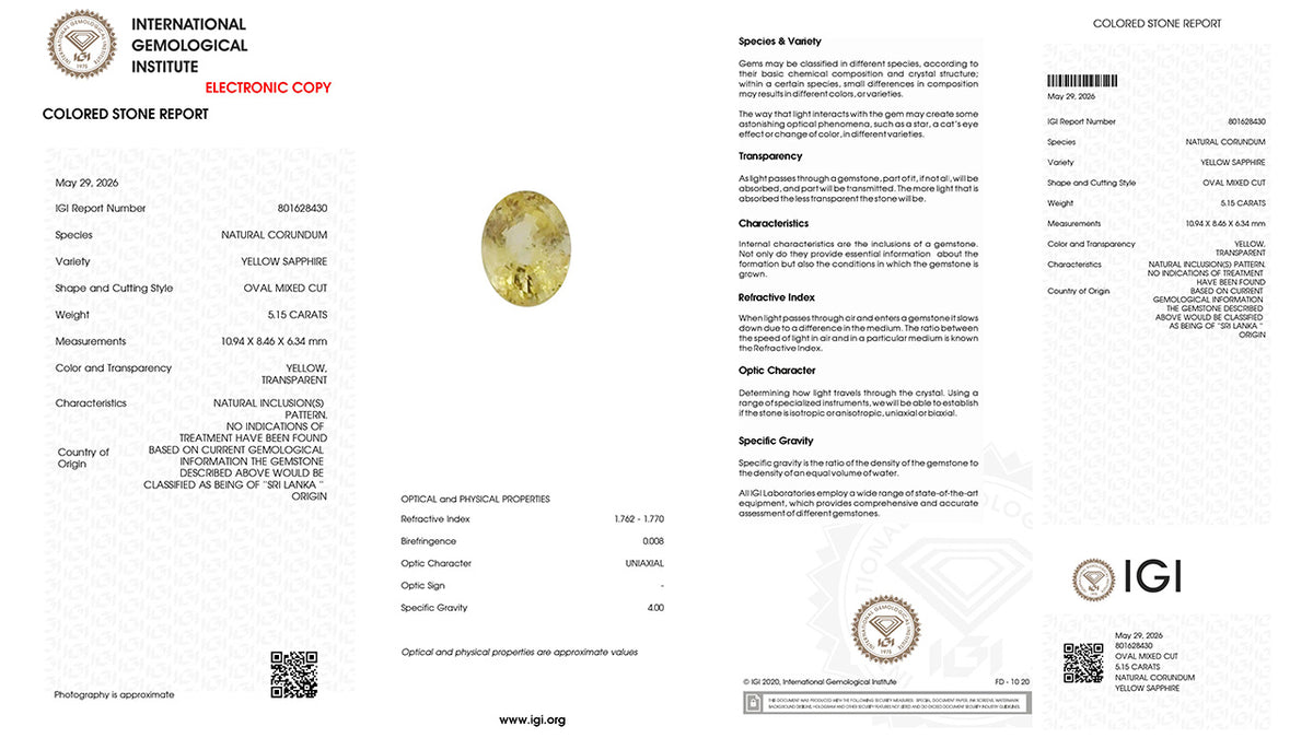 Buy IGI Certified 5.15 Carat Yellow Sapphire with lifetime guarantee