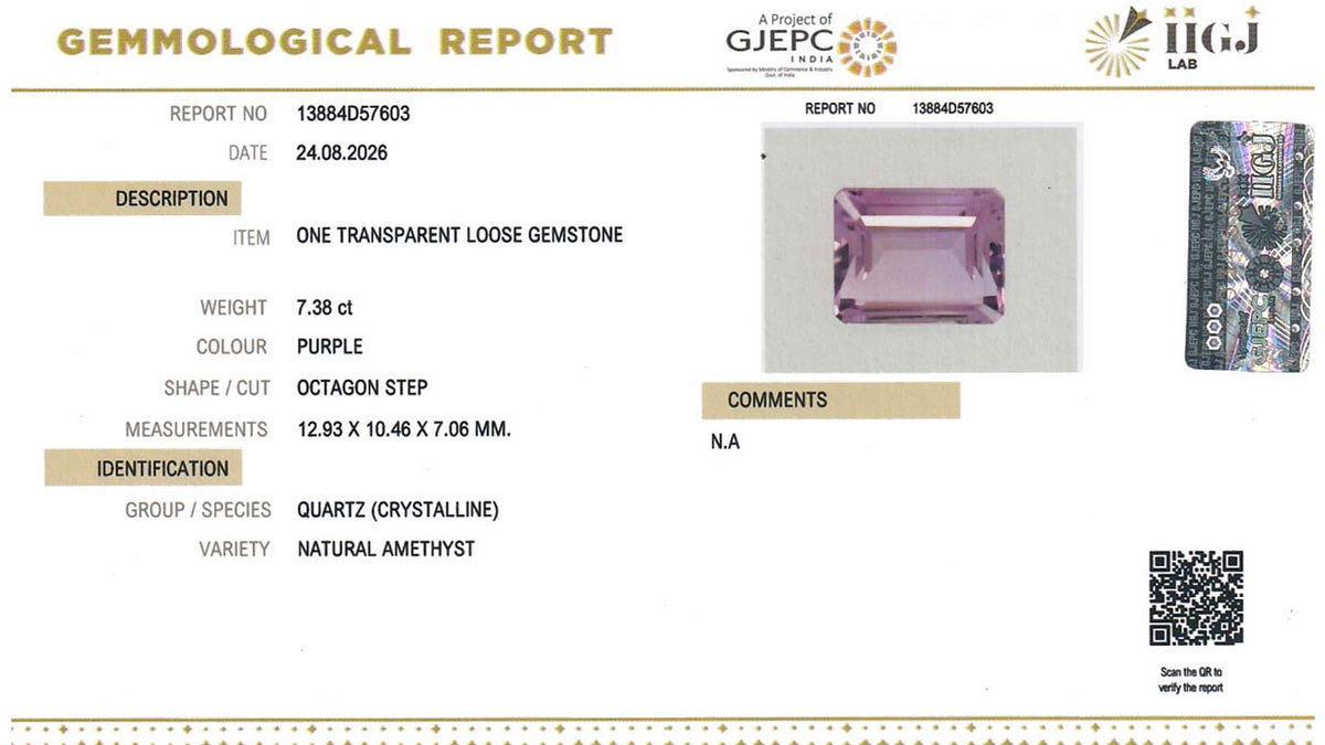 Buy IIGJ Certified 7.38 Carat Amethyst with lifetime guarantee