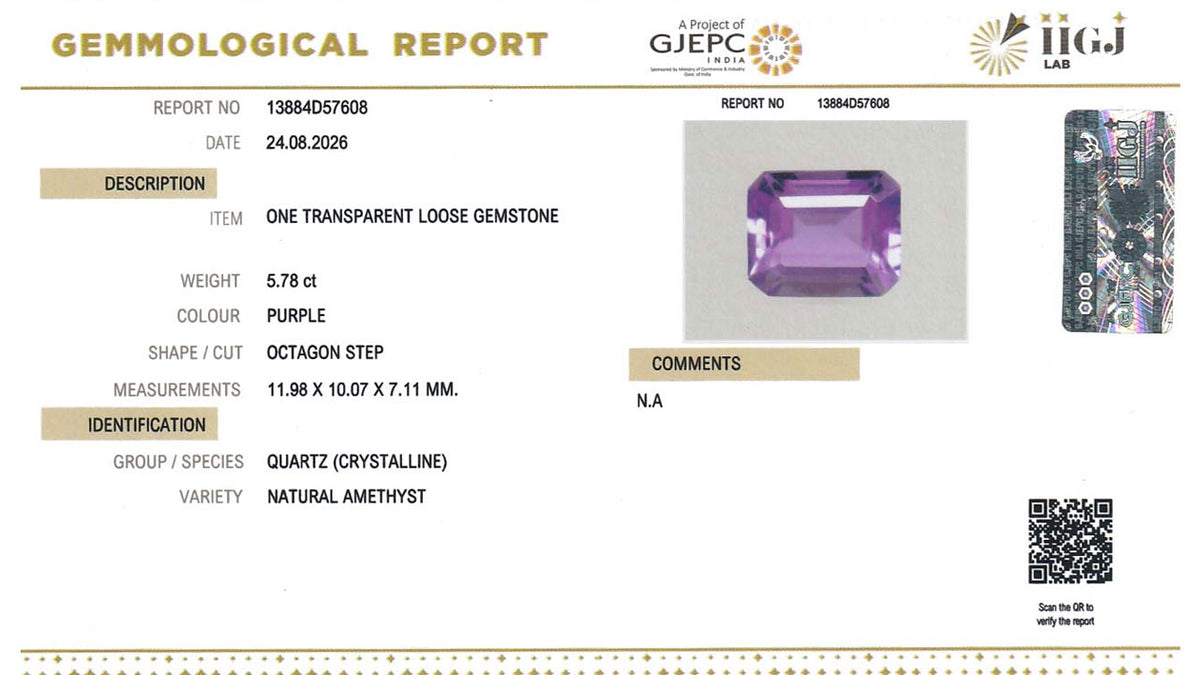 Buy IIGJ Certified 5.78 Carat Amethyst with lifetime guarantee