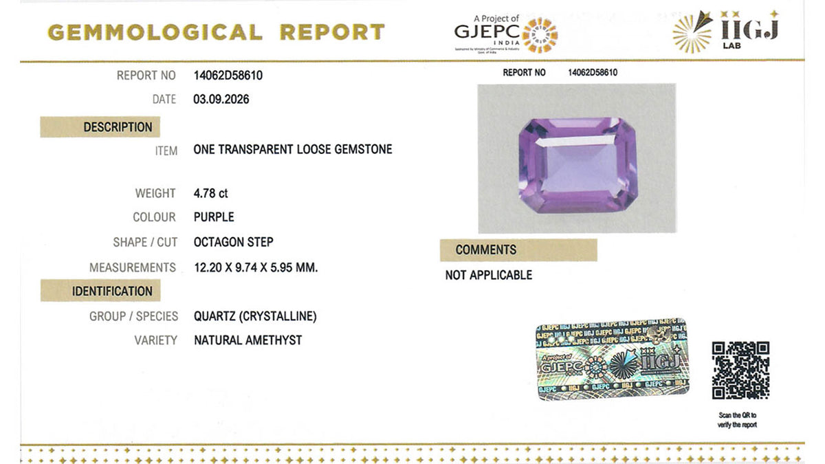Buy IIGJ Certified 4.78 Carat Amethyst with lifetime guarantee