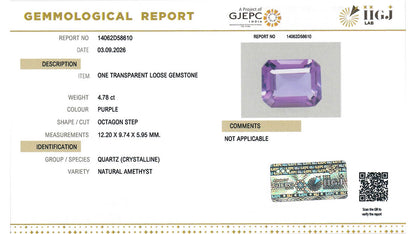 Buy IIGJ Certified 4.78 Carat Amethyst with lifetime guarantee