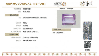Buy IIGJ Certified 7.84 Carat Amethyst with lifetime guarantee