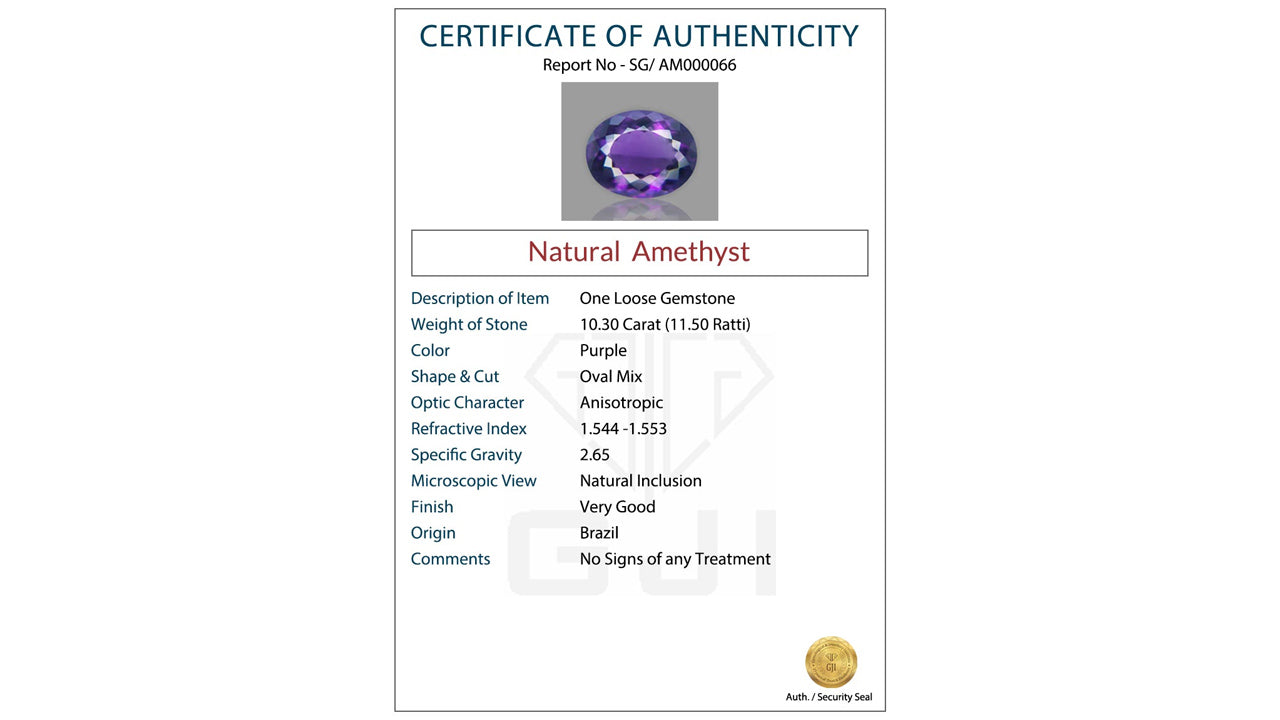 Buy GJI Certified 10.30 Carat Amethyst with lifetime guarantee