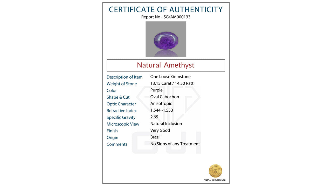 Buy GJI Certified 13.15 Carat Amethyst with lifetime guarantee