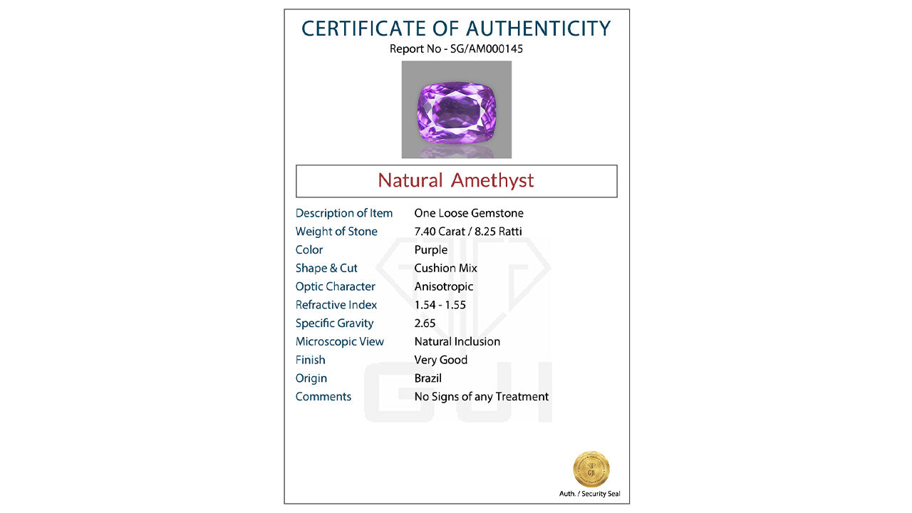 Buy GJI Certified 7.40 Carat Amethyst with lifetime guarantee