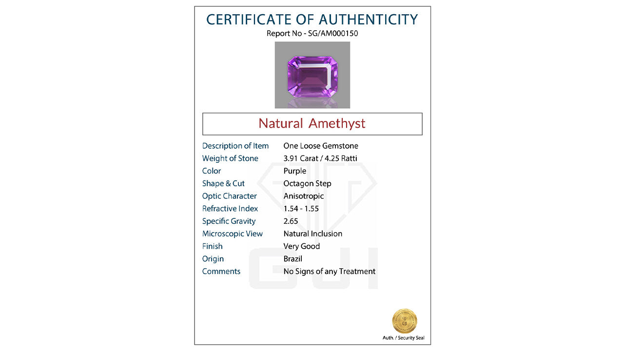 Buy GJI Certified 3.91 Carat Amethyst with lifetime guarantee