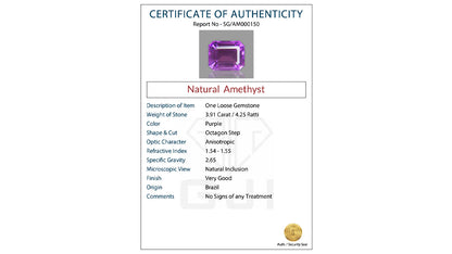 Buy GJI Certified 3.91 Carat Amethyst with lifetime guarantee