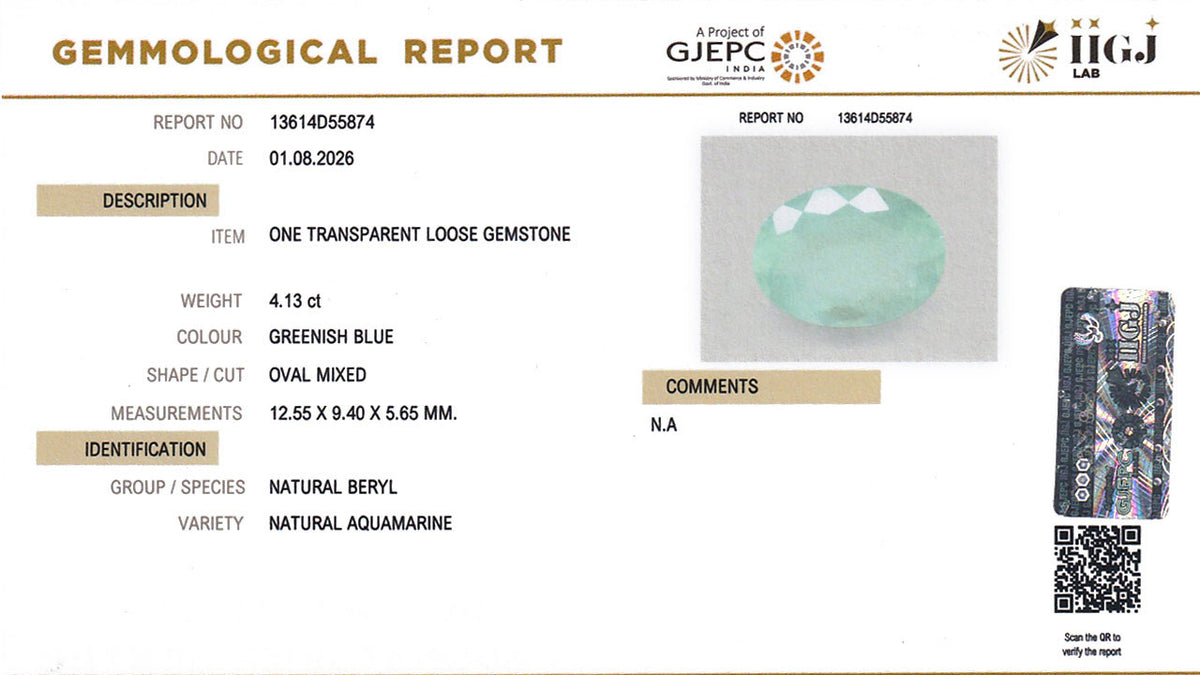 Buy IIGJ Certified 4.13 Carat Aquamarine with lifetime guarantee