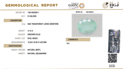 Buy IIGJ Certified 4.13 Carat Aquamarine with lifetime guarantee