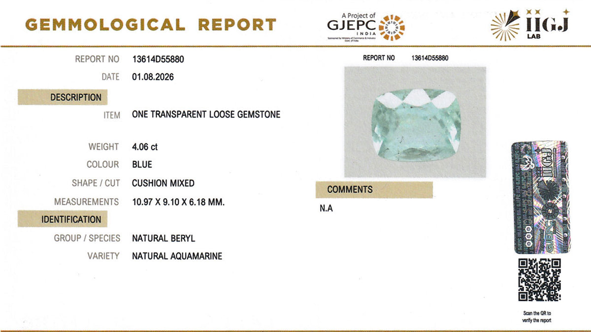 Buy IIGJ Certified 4.06 Carat Aquamarine with lifetime guarantee