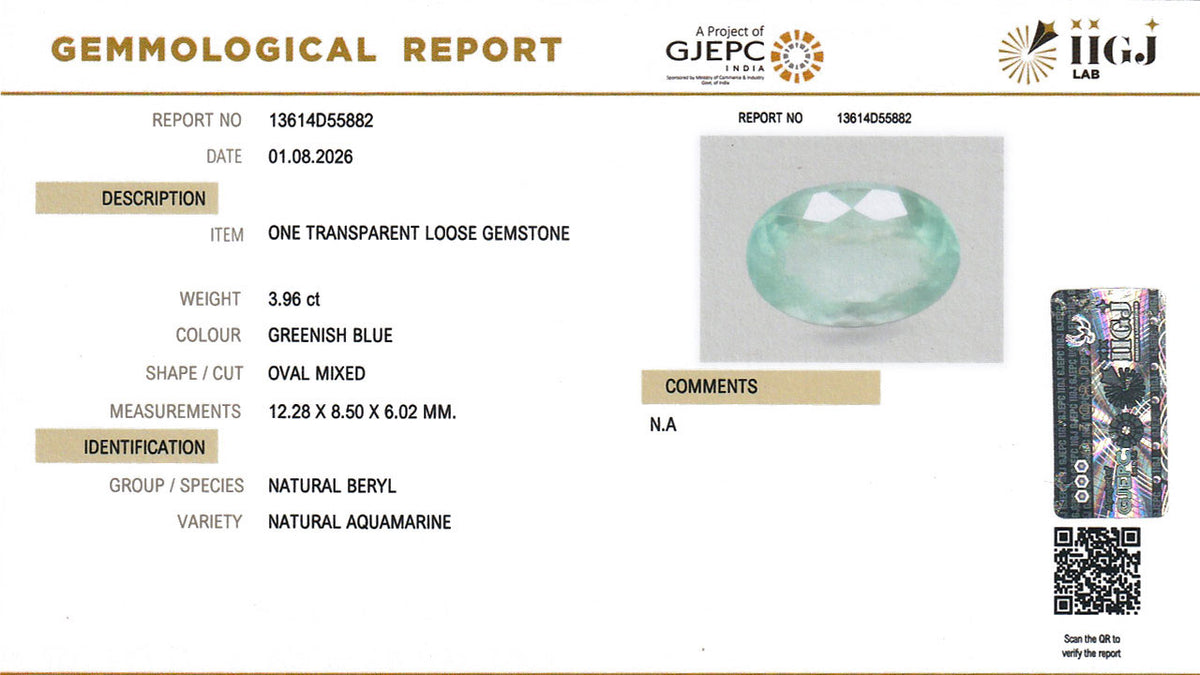 Buy IIGJ Certified 3.96 Carat Aquamarine with lifetime guarantee