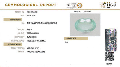 Buy IIGJ Certified 3.96 Carat Aquamarine with lifetime guarantee