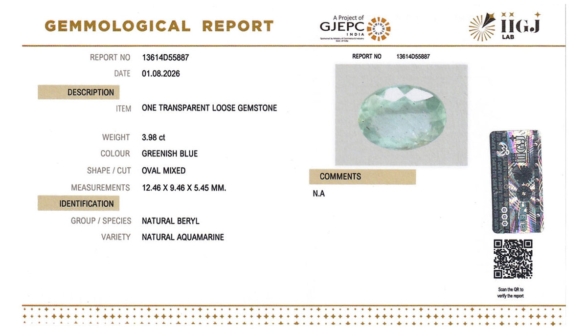 Buy IIGJ Certified 3.98 Carat Aquamarine with lifetime guarantee