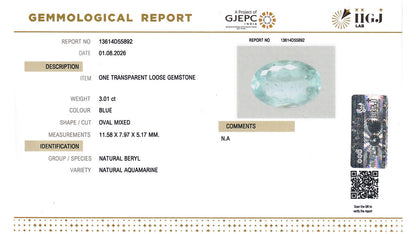 Buy IIGJ Certified 3.01 Carat Aquamarine with lifetime guarantee