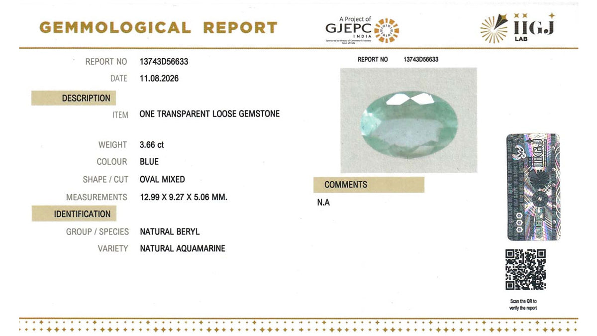 Buy IIGJ Certified 3.66 Carat Aquamarine with lifetime guarantee
