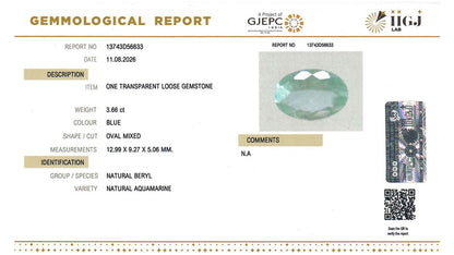 Buy IIGJ Certified 3.66 Carat Aquamarine with lifetime guarantee