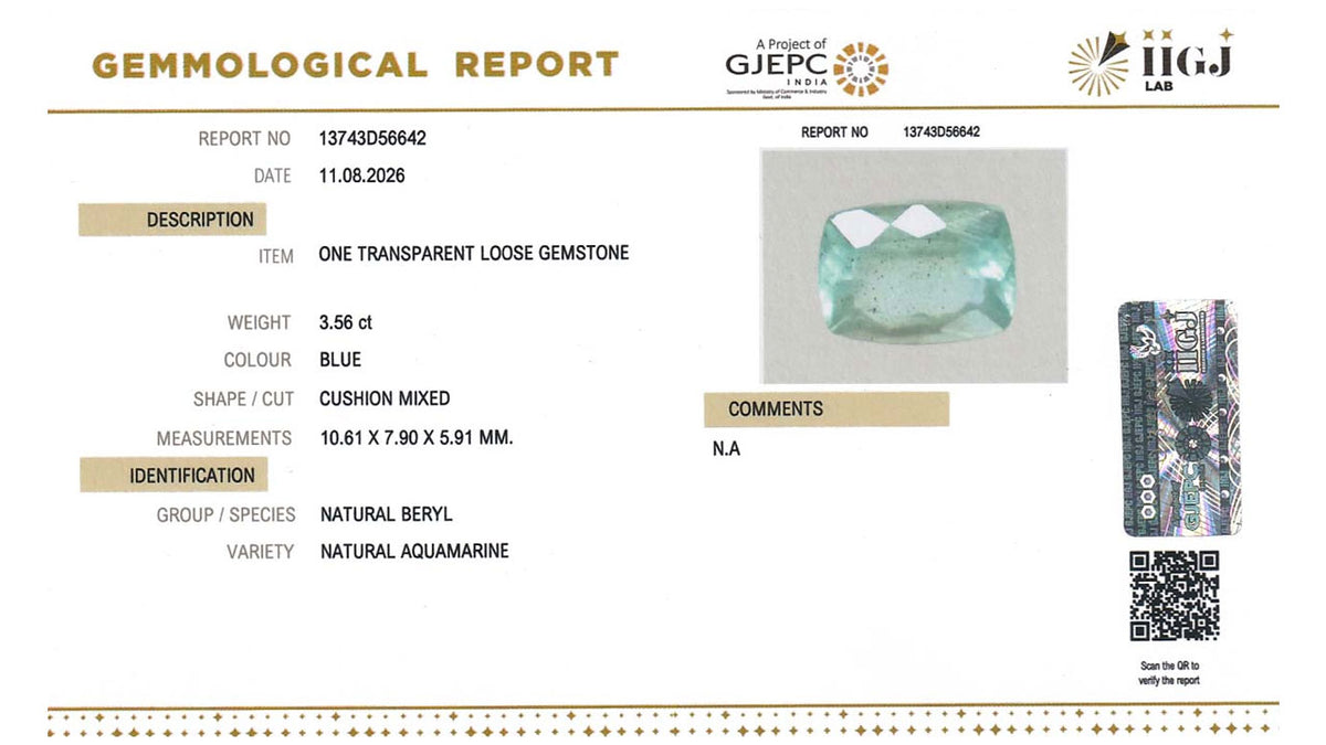 Buy IIGJ Certified 3.56 Carat Aquamarine with lifetime guarantee