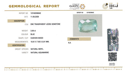 Buy IIGJ Certified 3.56 Carat Aquamarine with lifetime guarantee