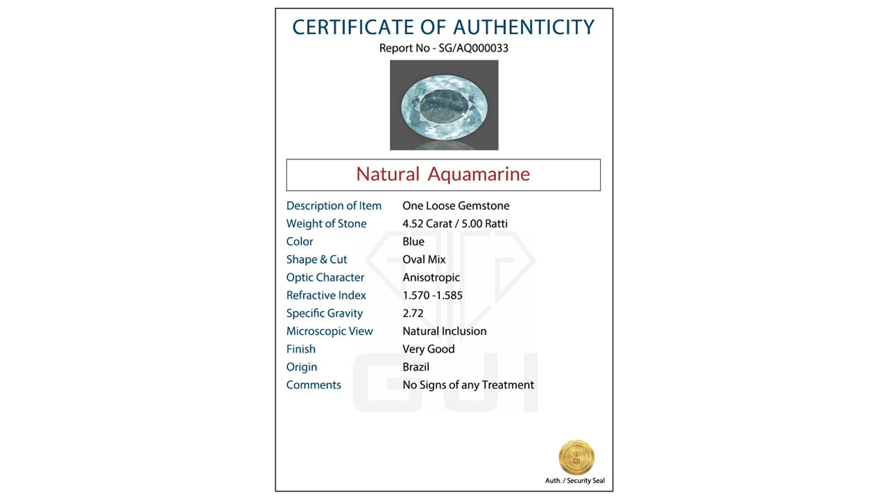 Buy GJI Certified 4.52 Carat Aquamarine with lifetime guarantee