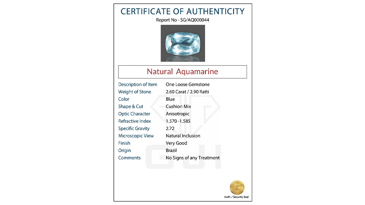 Buy GJI Certified 2.60 Carat Aquamarine with lifetime guarantee