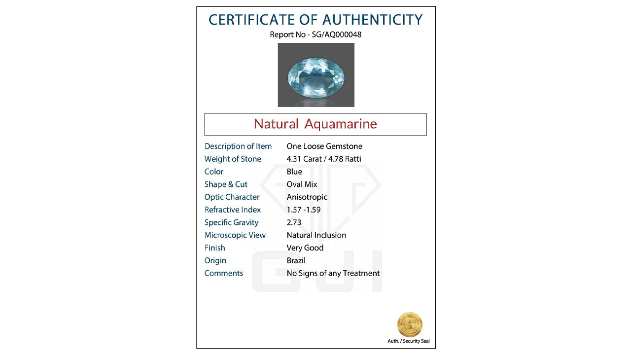 Buy GJI Certified 4.31 Carat Aquamarine with lifetime guarantee