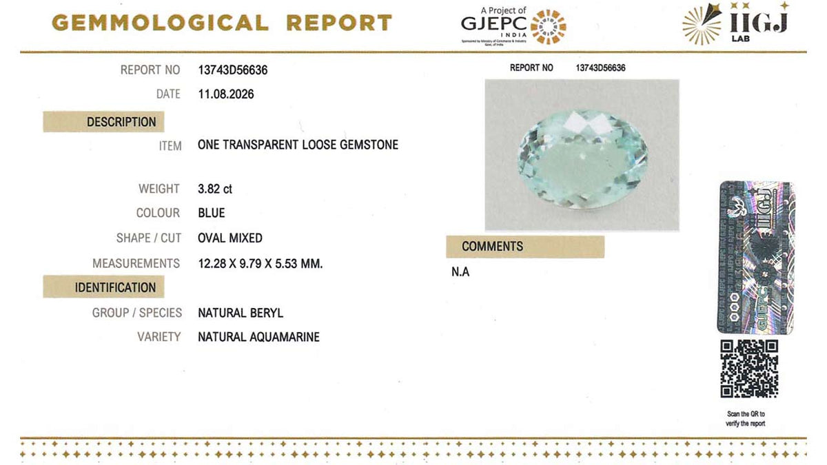 Buy IIGJ Certified 3.82 Carat Aquamarine with lifetime guarantee