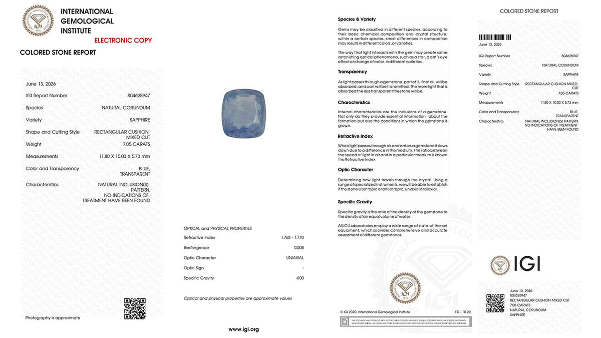 Buy IGI Certified 7.05 Carat Blue Sapphire with lifetime guarantee