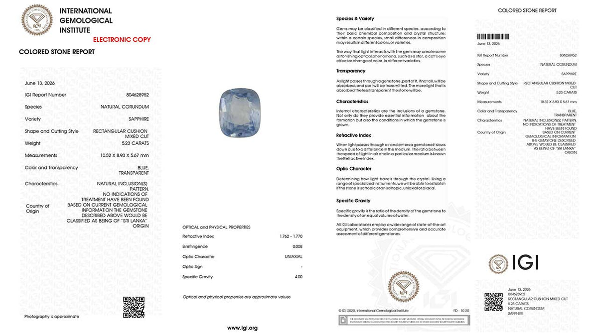 Buy IGI Certified 5.23 Carat Blue Sapphire with lifetime guarantee