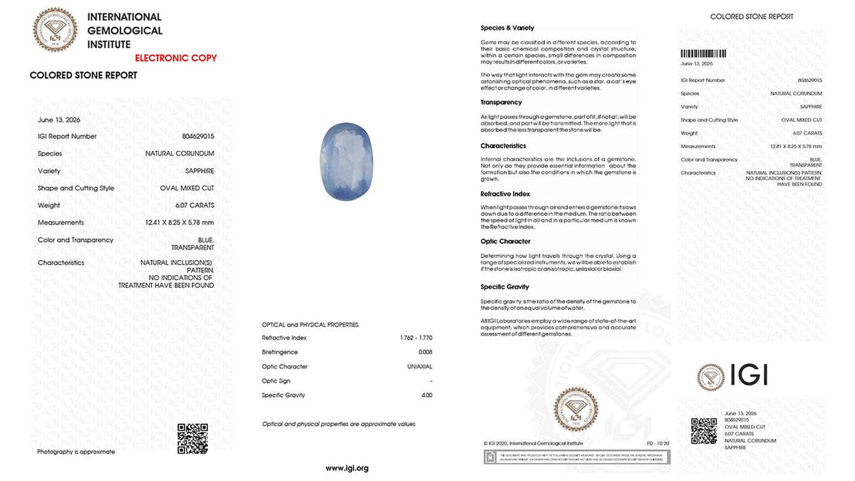 Buy IGI Certified 6.07 Carat Blue Sapphire with lifetime guarantee
