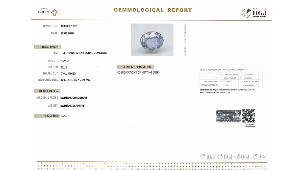 Buy IIGJ Certified 8.22 Carat Blue Sapphire with lifetime guarantee