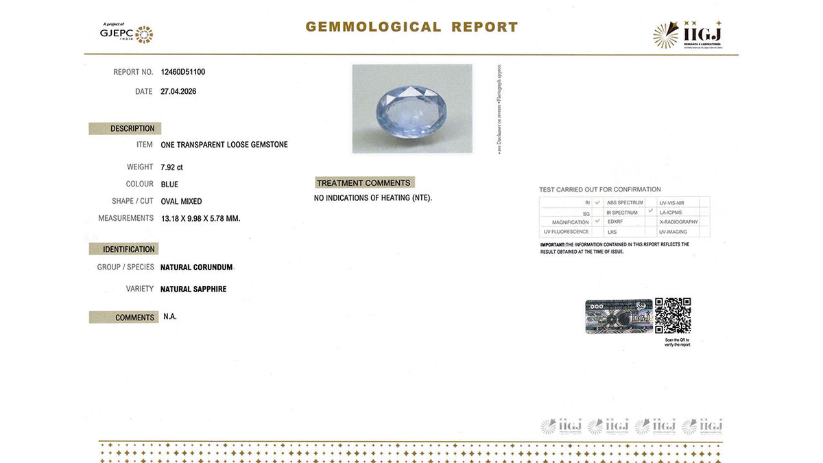 Buy IIGJ Certified 7.92 Carat Blue Sapphire with lifetime guarantee