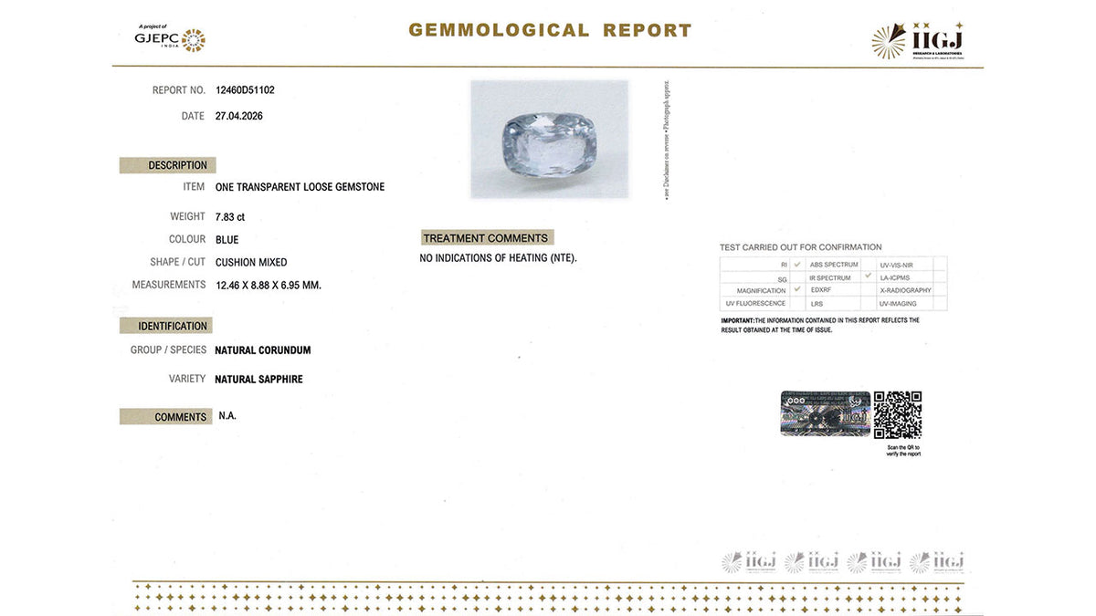 Buy IIGJ Certified 7.83 Carat Blue Sapphire with lifetime guarantee