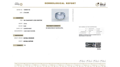 Buy IIGJ Certified 7.83 Carat Blue Sapphire with lifetime guarantee