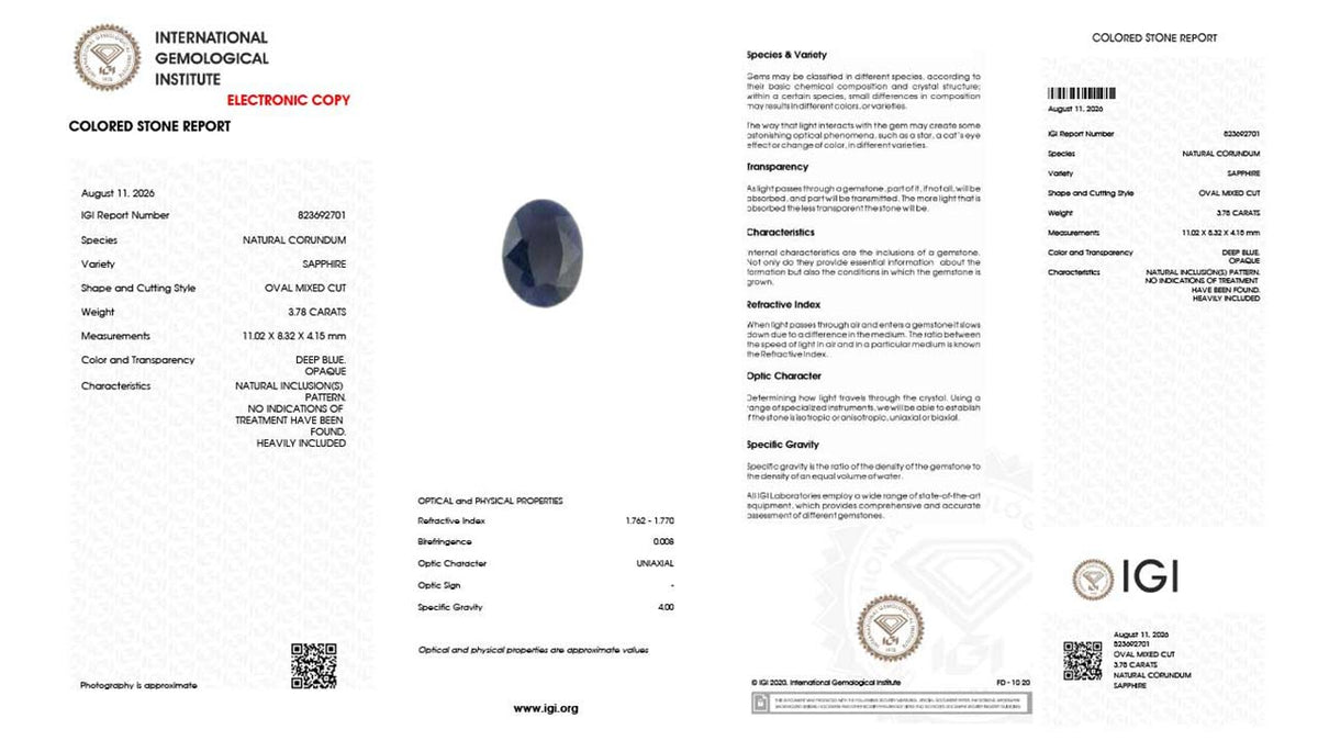 Buy IGI Certified 3.78 Carat Blue Sapphire with lifetime guarantee
