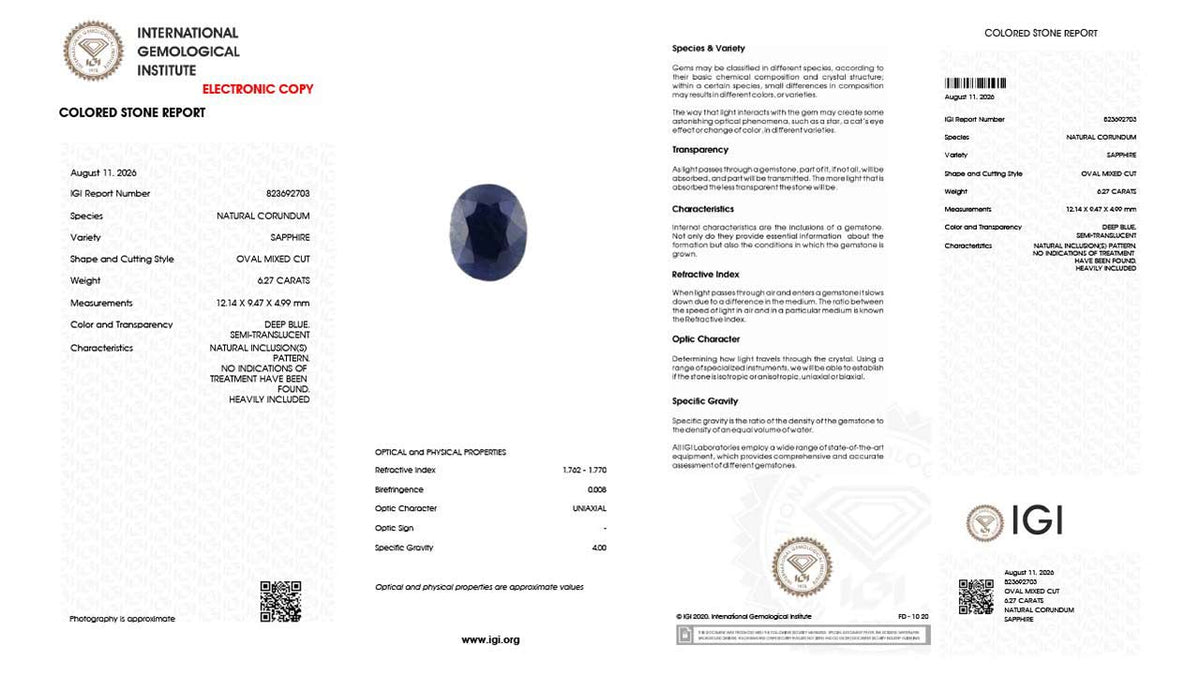 Buy IGI Certified 6.27 Carat Blue Sapphire with lifetime guarantee