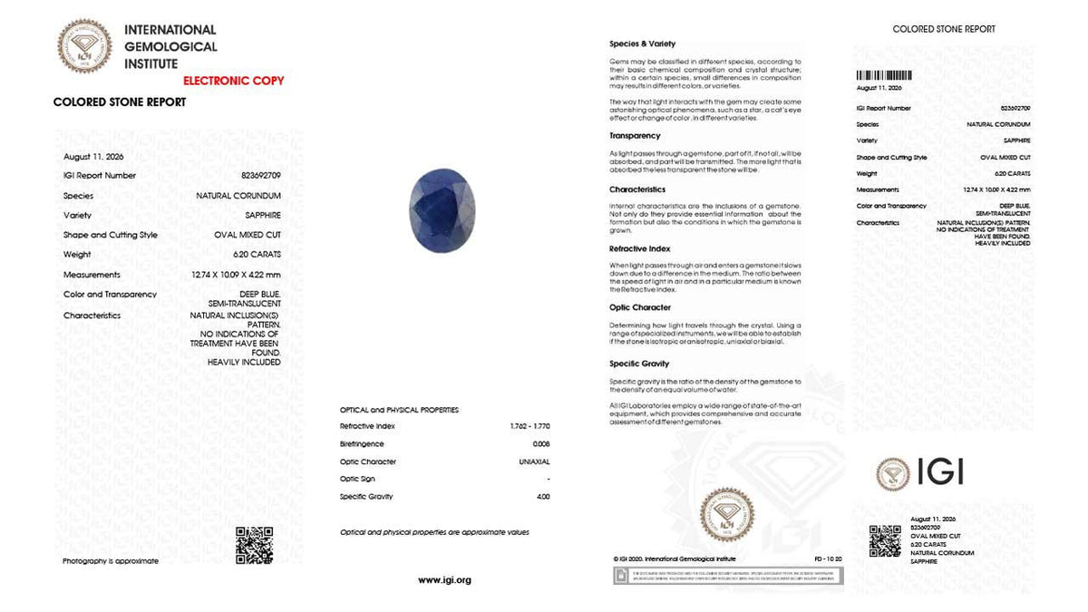 Buy IGI Certified 6.20 Carat Blue Sapphire with lifetime guarantee